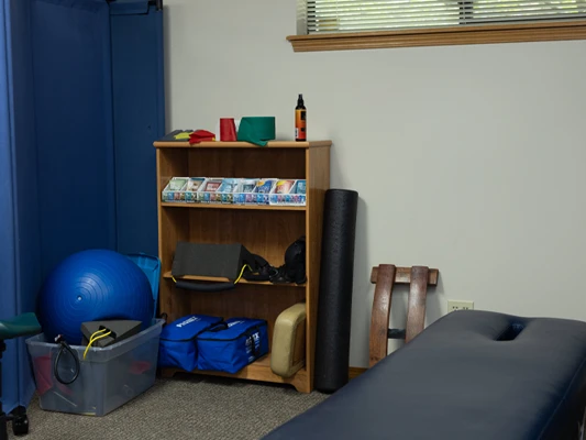A fully equipped therapeutic rehab room with stabilization equipment and supportive exercise tools at Lally Chiropractic Clinic in Yakima, WA.